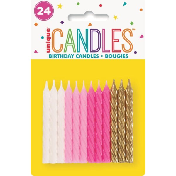 24 SPIRAL CANDLES - Pink/White/Gold