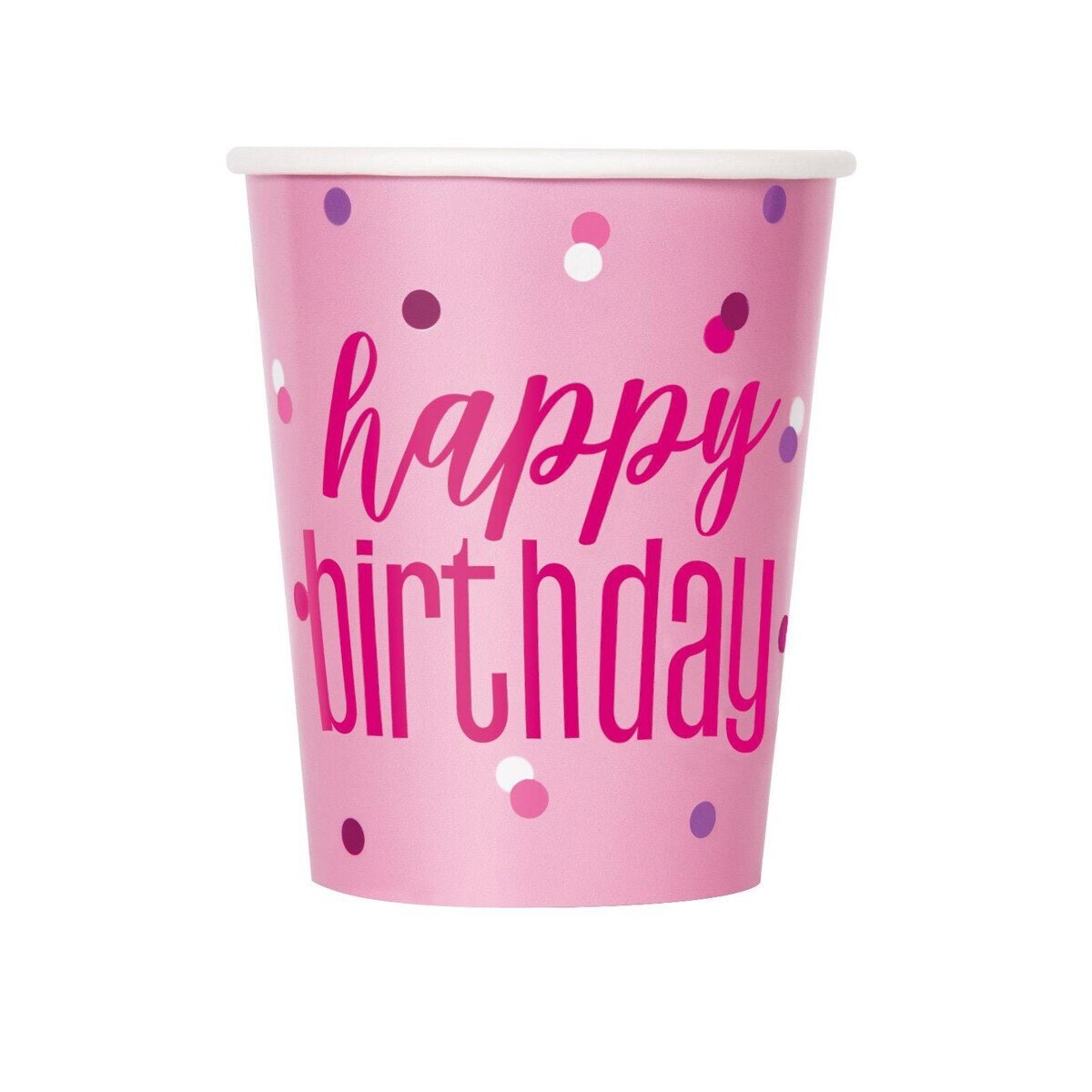 Pink Happy Birthday 270ml paper cups - 8pk
