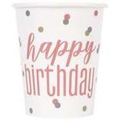 Rose Gold Happy Birthday 270ml paper cups - 8pk