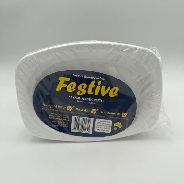 50 Pk White Oval Plastic Plates (160x230mm)