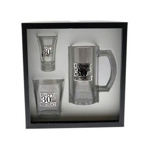 30 BADGED STEIN, SCOTCH, SHOT PACK