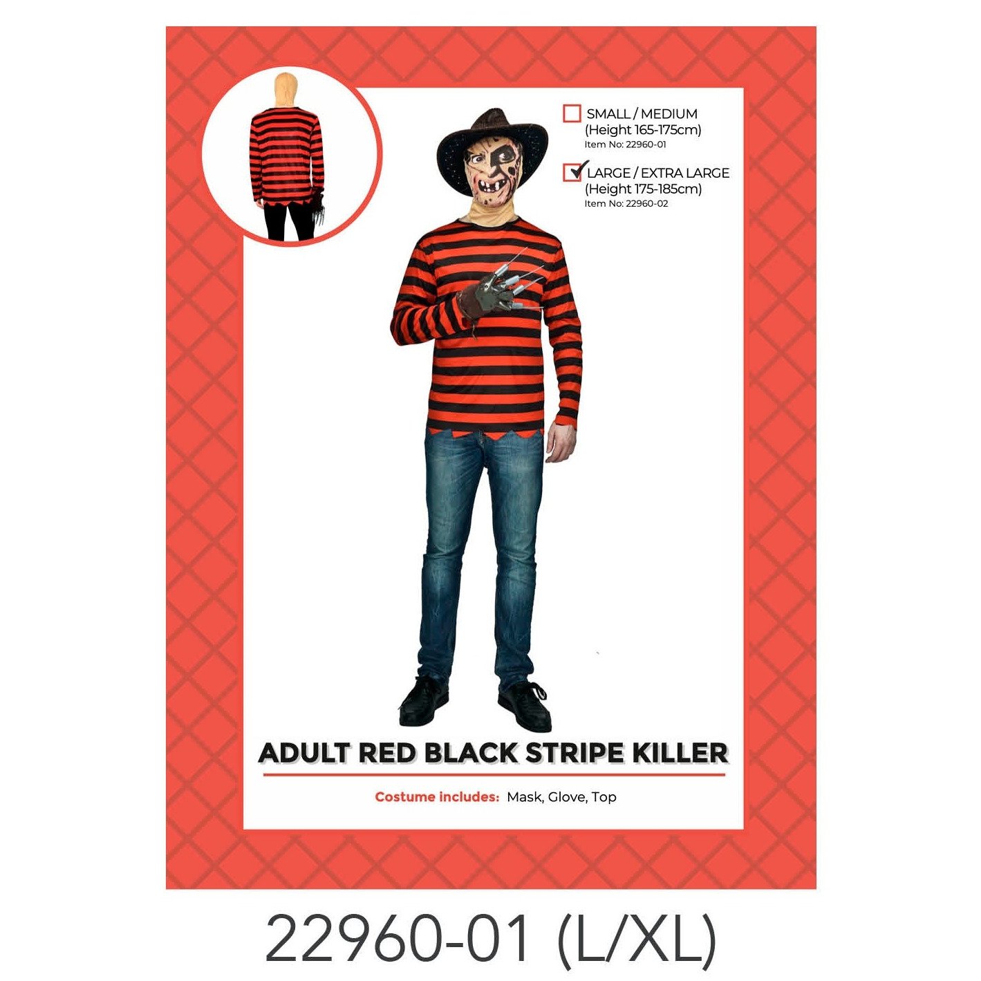 Adult Red Black Stripe Killer Man Costume (L/XL)