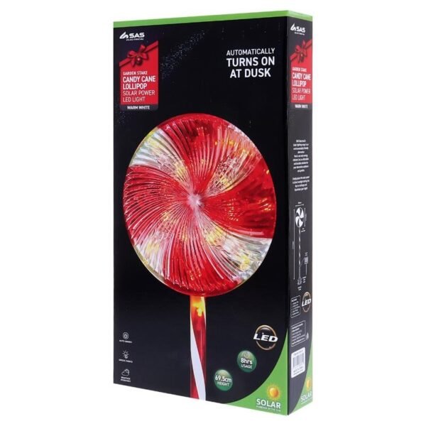 Stake Light Solar Candy Cane Lollypop With Candy Striped Pole 28LED 18cm x 18cm x 58cm Warm White 2 Functions