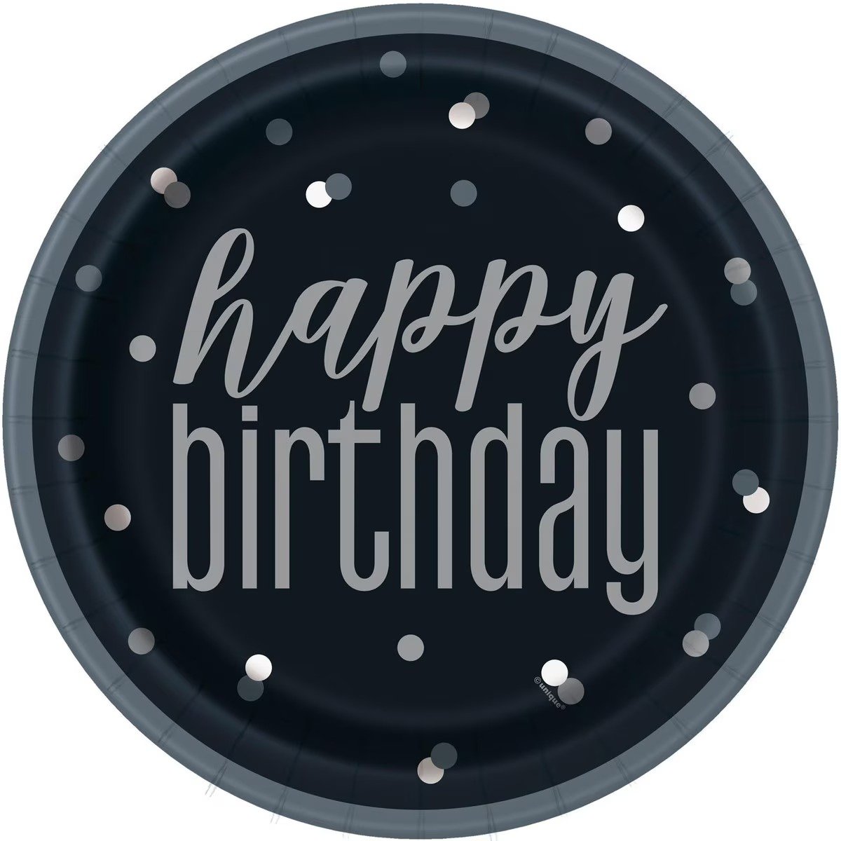 Black Happy Birthday Paper Plates 23cm (9") - 8pk