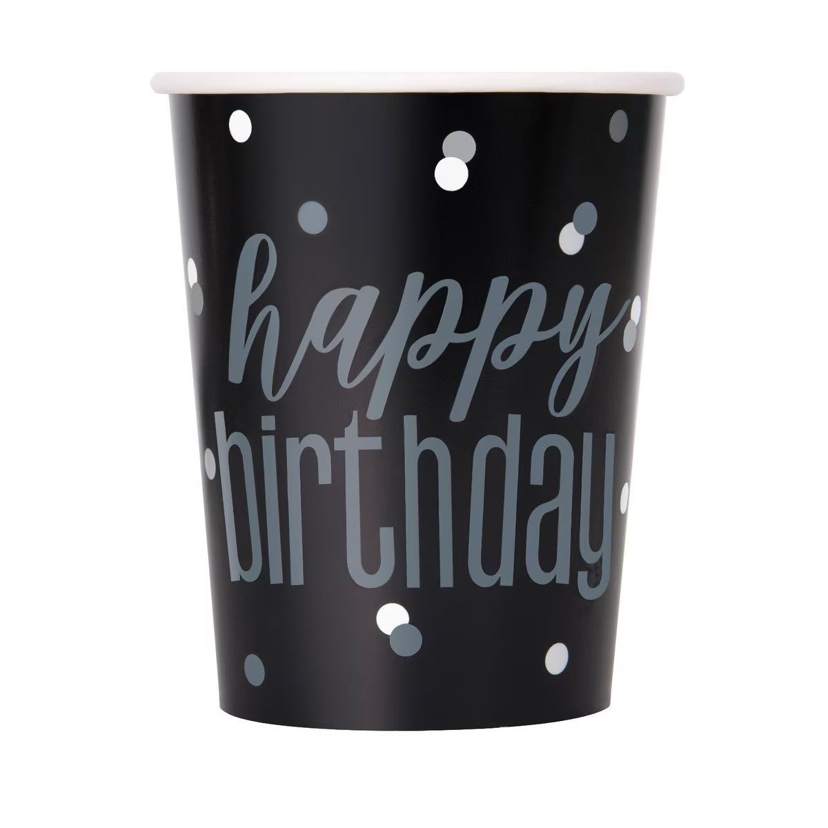 Black Happy Birthday 270ml paper cups - 8pk