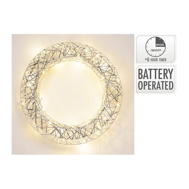 Wreath 40Cm With 30LED Silver B/O