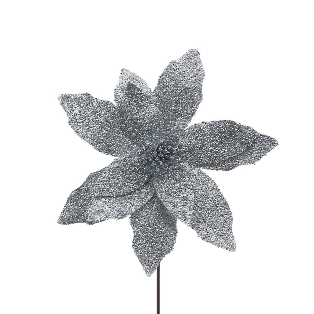 31Cm Silver Glitter Poinsettia 50Cm Stem