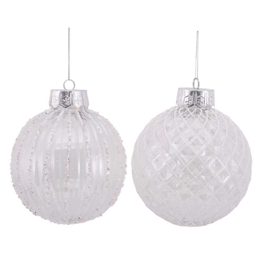 15Cm Clear Bauble W/White Handpainted Glitter Detail Grid