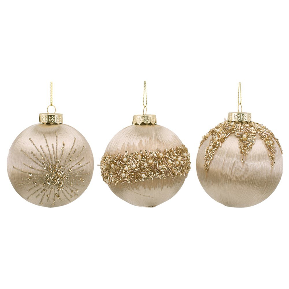 10Cm Champagne Thread Bauble W/Champagne Bead Detail Accents