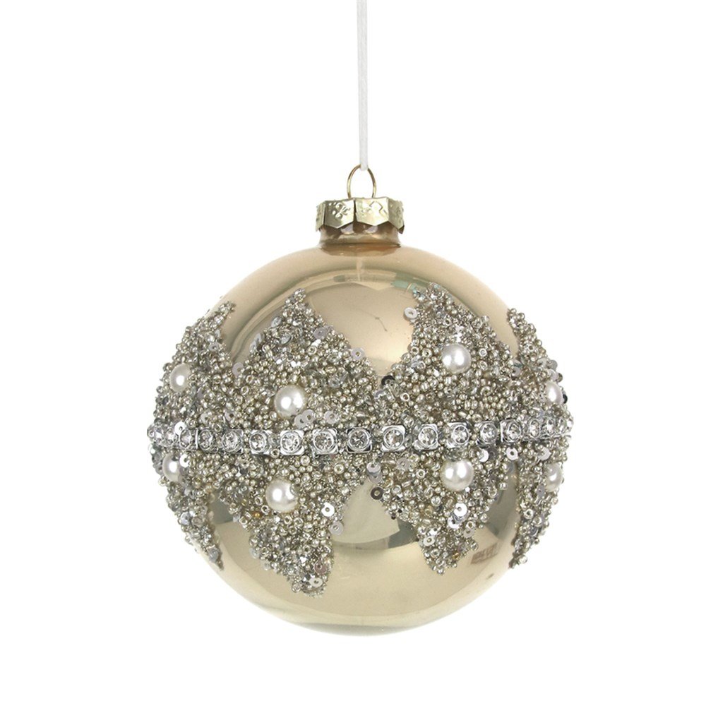 10Cm Champagne W/Pearl And Glitter Finish Glass Bauble