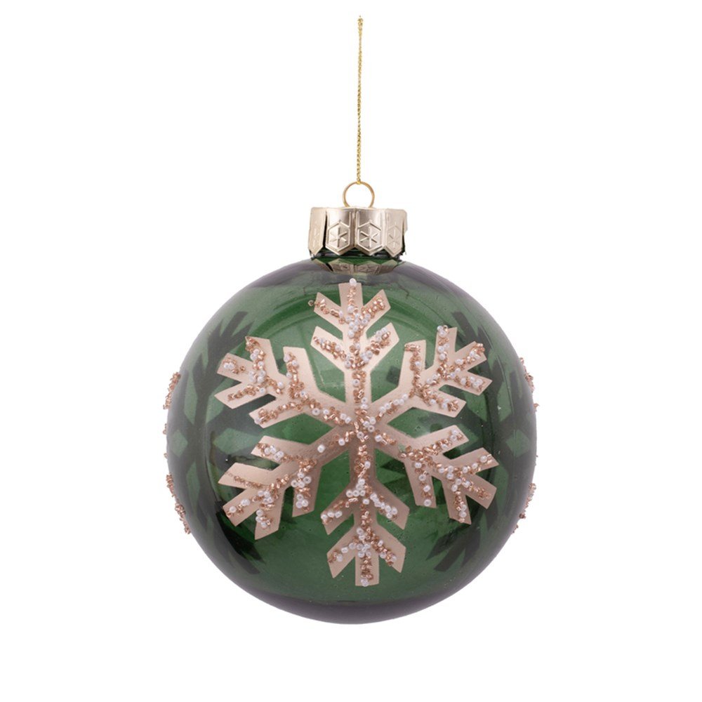 15Cm Green Shatterproof Bauble W/Handpainted Champagne Snowflake