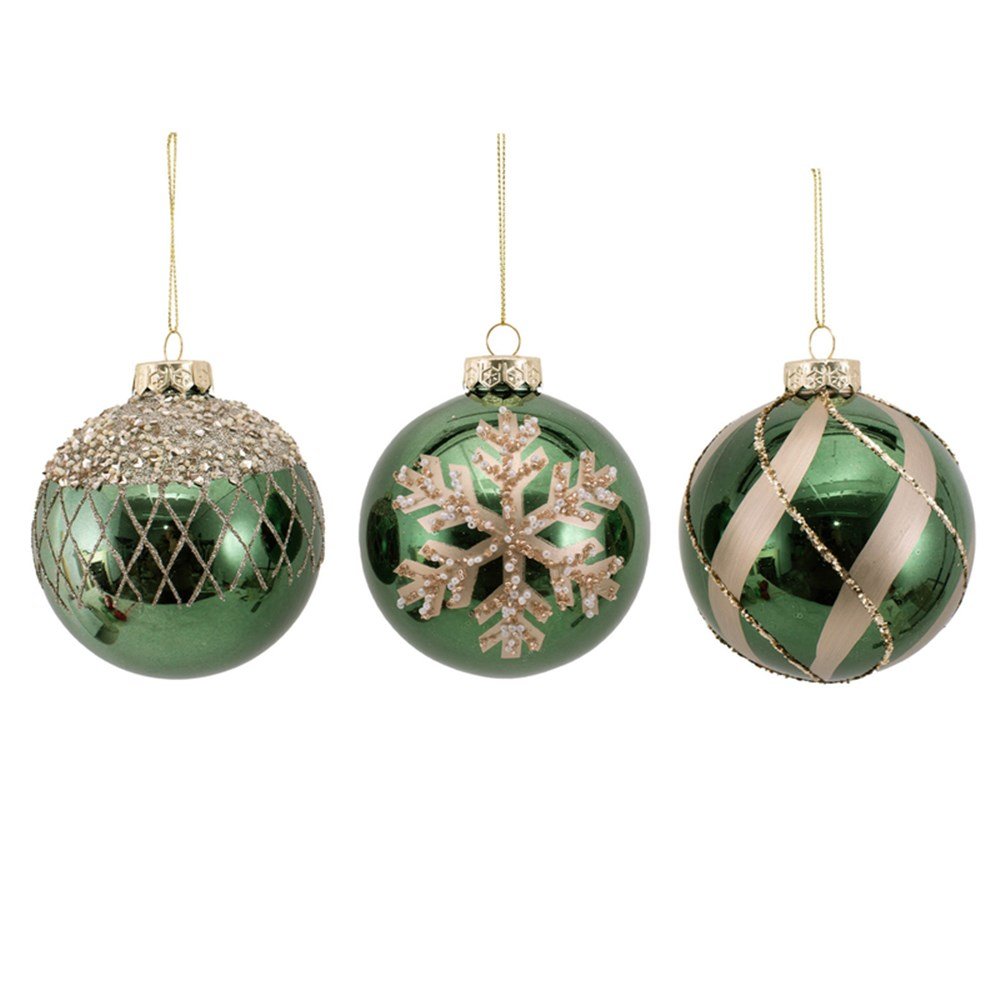10Cm Green Shatterproof Baubles W/Champagne Glitter Details Grid