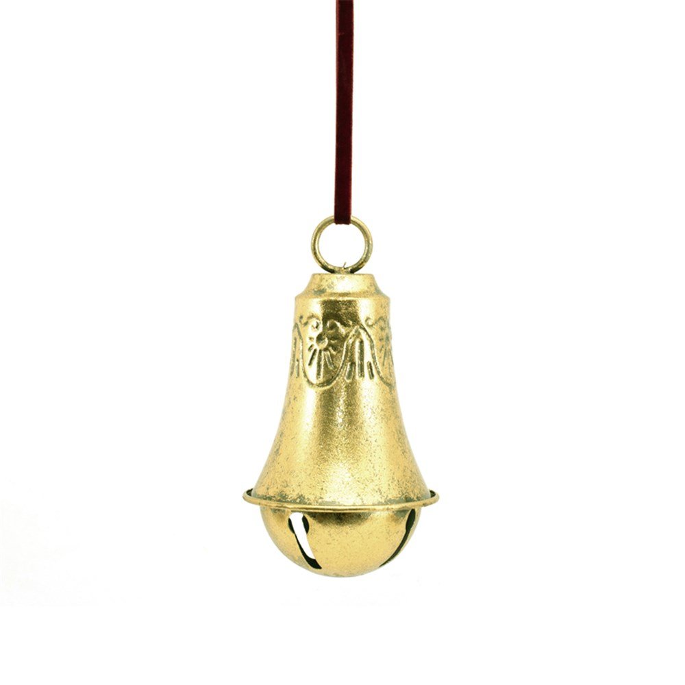 12X21Cm Gold Metal Bell W/Burgundy Velvet Ribbon