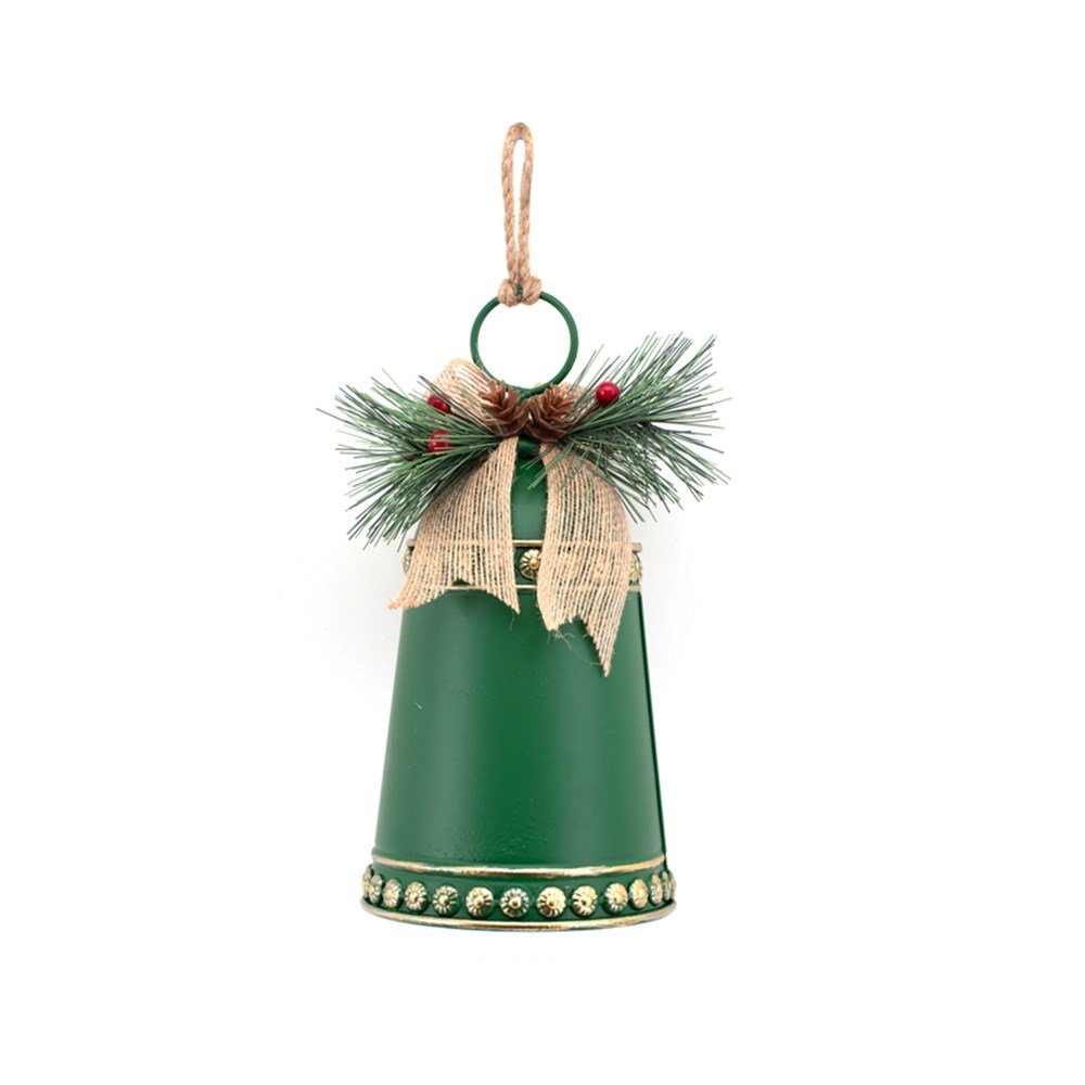 11.2X23Cm Green Metal Bell W/Pine&Berry Detail