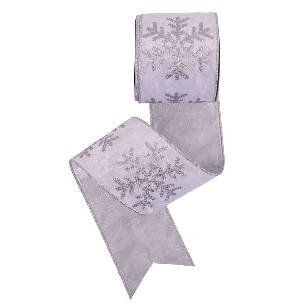 10Cm X 10M White Velvet Ribbon W/Silver Glitter Snowflake & Wire Edge
