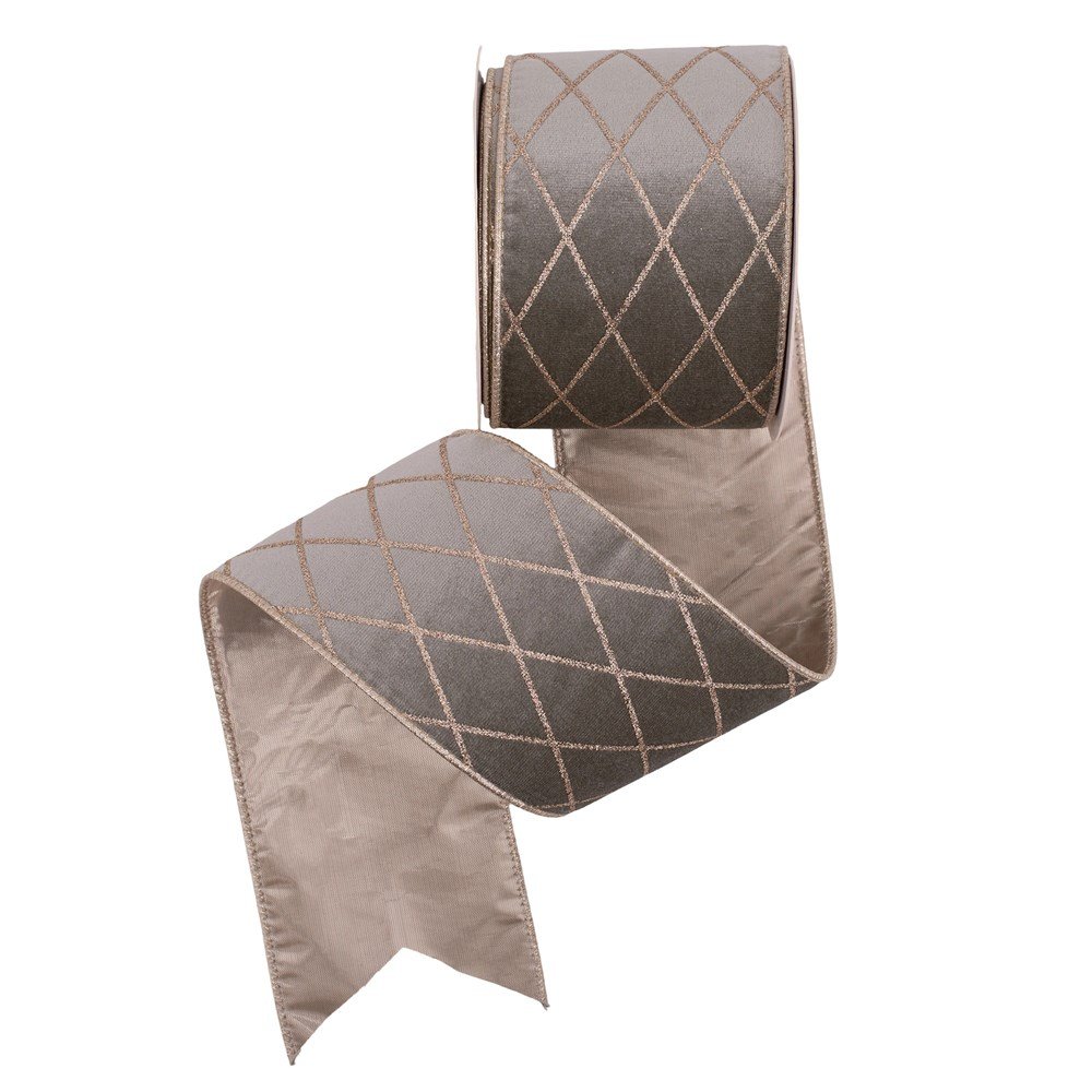 10Cm X 10M Sage Velvet Ribbon W/Champagne Glitter Detail & Wire Edge