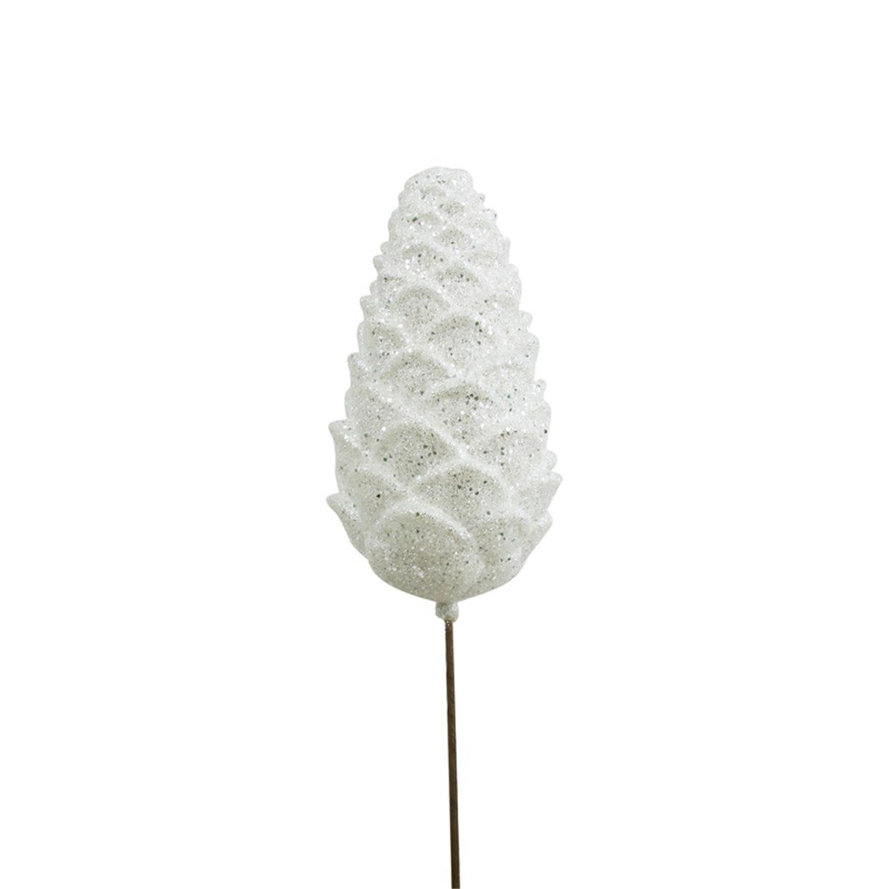 46Cm White Iridescent Pine Cone Stem