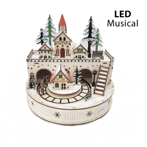 Wood Musical Christmas Town 25.5*19*24.5Cm Light Up